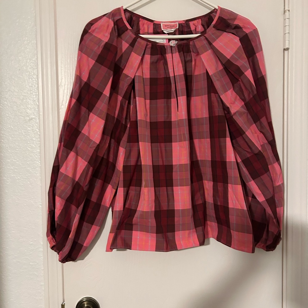 Kate Spade Red and Pink Blouse with Puff Sleeves